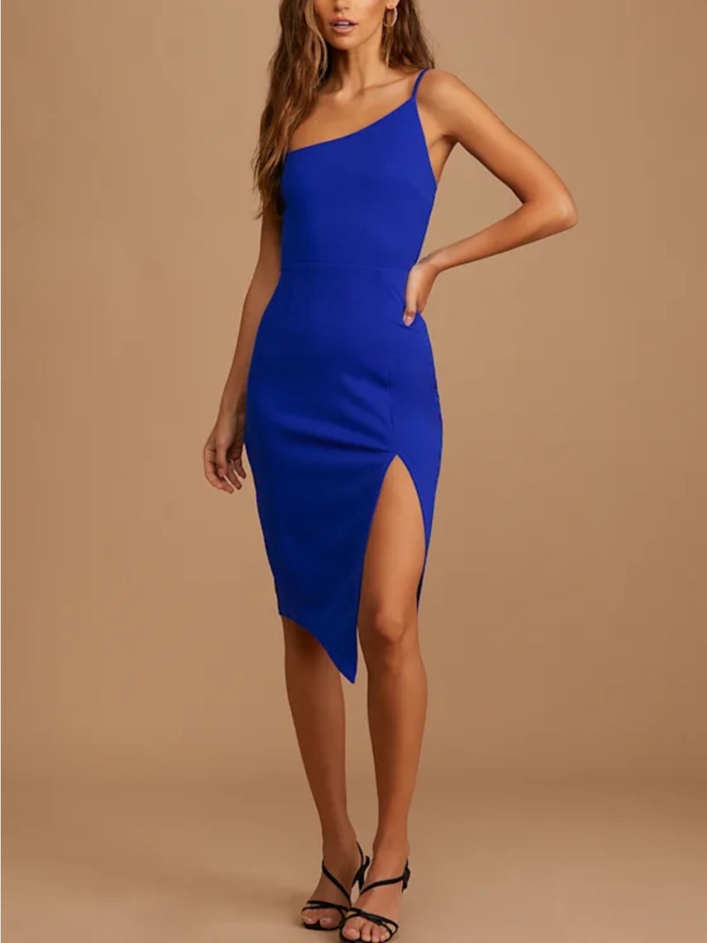 Lulu's Electric Blue One-Shoulder Asymmetrical Midi Dress